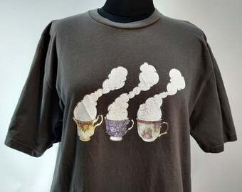 Camiseta con estampado de taza de té vintage, talla L, 100% algodón