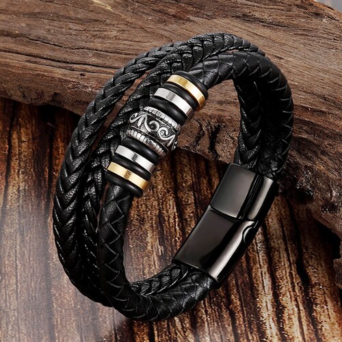 Mens Woven Leather Bracelet Triple Layer Leather Stainless - Etsy