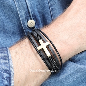 Mens Cross Bracelet •  Multilayer Leather Mens Bracelet • Classic Bangle Gift For Boyfriend•Easter Gift for Him• Love Bracelet for Him M1025