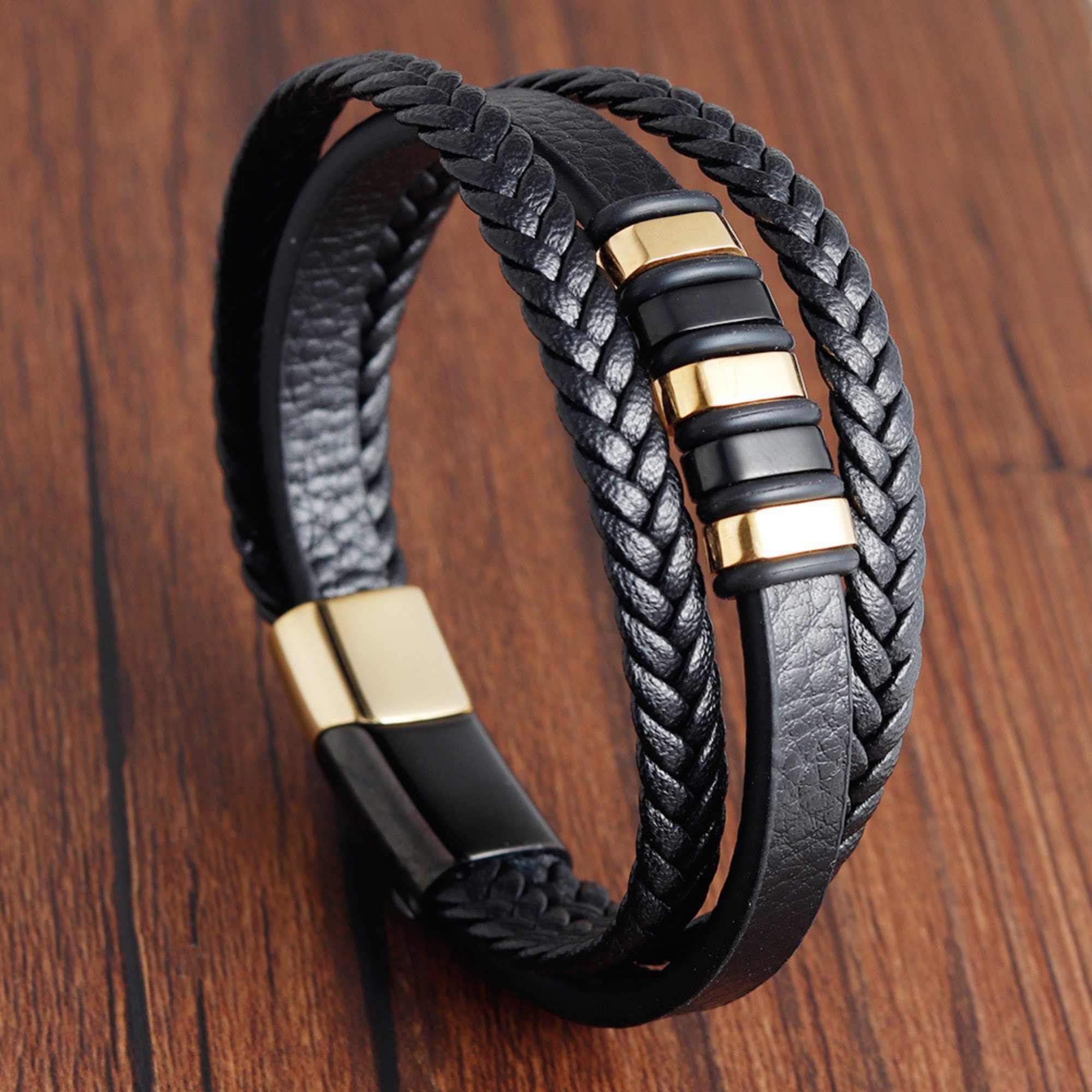 Mens Leather Steel Bracelet Gift for Him Genuine Leather | Etsy