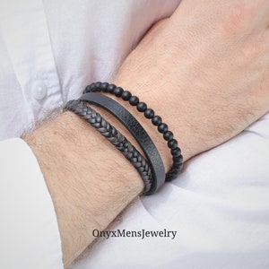 Mens Bracelet • Handmade Black Onyx Leather Mens Bracelet • Onyx Beaded Bracelet • Natural Gemstone Gift • Strength Anxiety Bracelet(M1004)