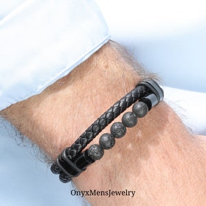 Lava Stone Leather Bracelet for Men • Braided Leather Bracelet Gift for Him • Men's Lava Stone Bracelet•Father's Day Gift • Love Gift •M1039