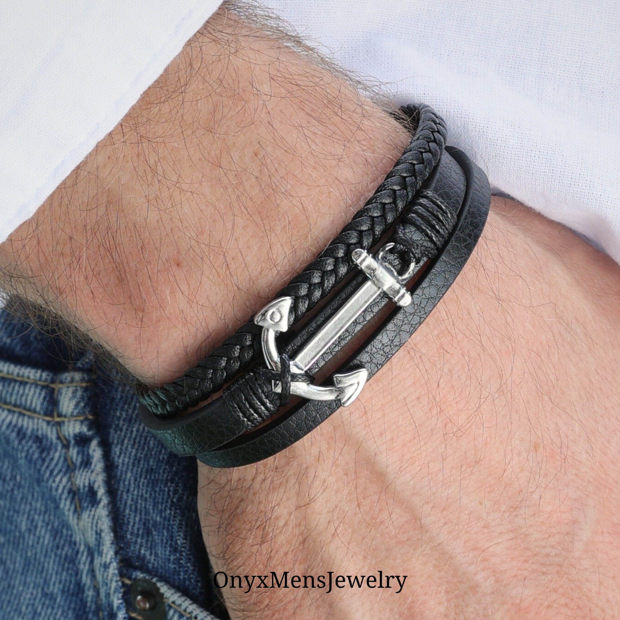 Sterling Silver Anchor Flex Leather Bracelet, Navy Cuff Bracelet