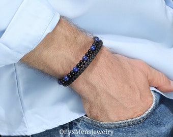 Mens Bracelet • Black Obsidian Lapis Lazuli Mens Bracelet • Calming Meditation Grounding Mens Bracelet • Handmade Bracelet Gift forHim M1001