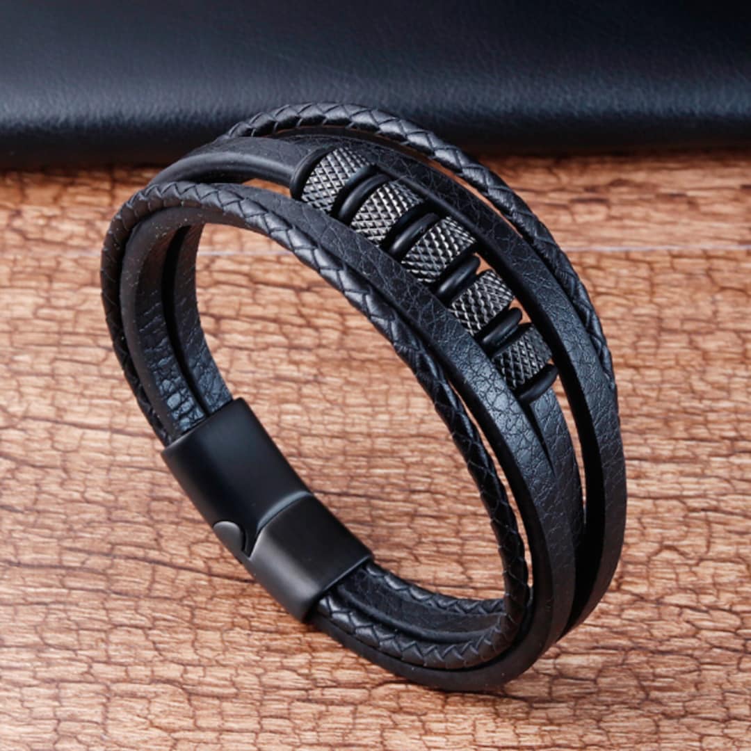 Multilayers Leather Mens Bracelet Stainless Steel Mens Bracelet Genuine