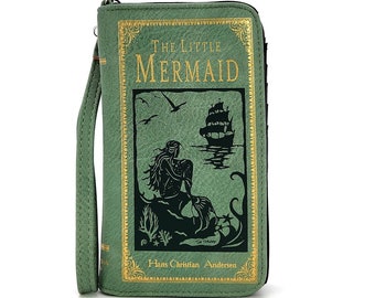 Little Mermaid Book Wallet | ID Card Organizer | Collectible Novel Fashion | Green & Gold Scroll Text | Vinyl Vegan Faux Leather | Fairytale