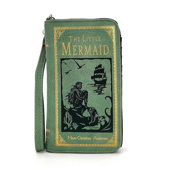 Little Mermaid Book Wallet | ID Card Organizer | Collectible Novel Fashion | Green & Gold Scroll Text | Vinyl Vegan Faux Leather | Fairytale
