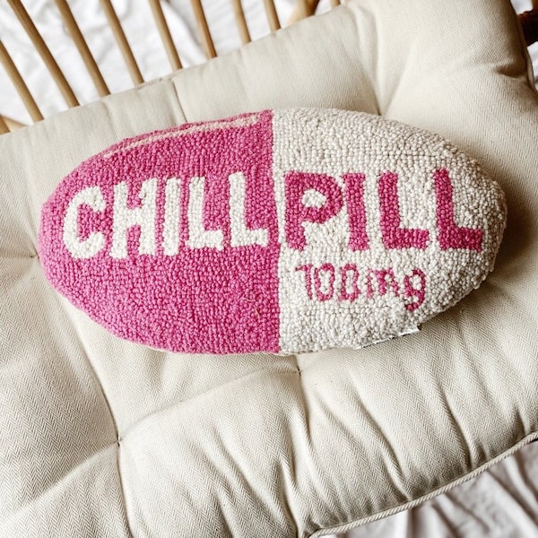 Take a Chill Pill Wool Hooked Lumbar Decorative Throw Pillow Pink