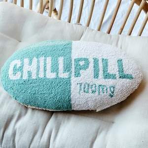 Take a Chill Pill Wool Hooked Lumbar Decorative Throw Pillow Blue