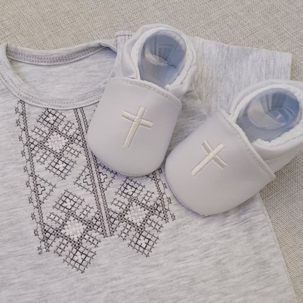 Baptism shoes with Cross, baby boy christening shoes, baby booties with cross, Baptism shoes grey