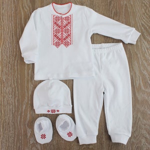 Newborn boy outfit, Ukrainian Vyshyvanka newborn set, Ukrainian baby boy outfit, baptism baby boy embroidered shirt white and red, coming home outfit, made in Ukraine