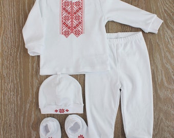 Newborn boy outfit, Ukrainian Vyshyvanka newborn set, baptism baby boy embroidered shirt white and red, coming home outfit, made in Ukraine