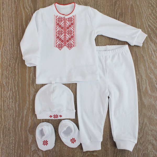 Tenue de garçon nouveau-né, ensemble nouveau-né ukrainien Vyshyvanka, chemise brodée de bébé garçon de baptême blanc et rouge, tenue de retour à la maison, fabriquée en Ukraine