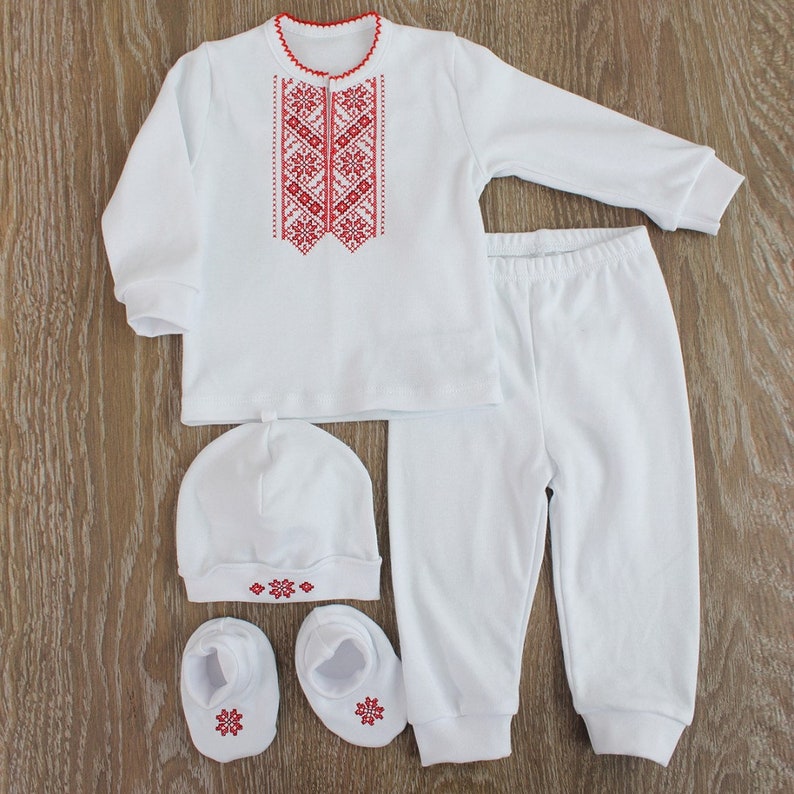 Newborn boy outfit, Ukrainian Vyshyvanka newborn set, Ukrainian baby boy outfit, baptism baby boy embroidered shirt white and red, coming home outfit, made in Ukraine