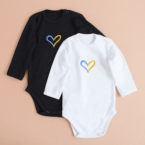 baby onesie Ukraine heart, unisex onesie with embroidered heart, short long sleeve white bodysuit embroydery Ukraine blue and yellow heart, Ukrainian baby onesie, baby shower Ukrainian gift