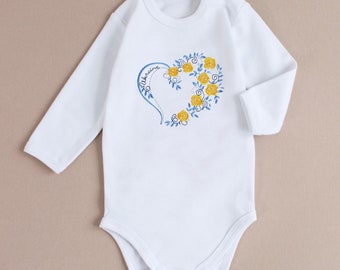 Ukrainian heart onesie, Baby girl onesie with embroidered heart, short long sleeve white bodysuit embroydery Ukraine blue and yellow heart