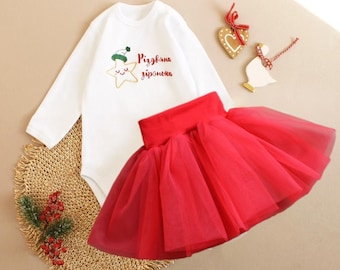 Christmas star onesie, Embroidered Christmas bodysuit long sleeve with red skirt, X-mas photoshoot girl Holiday apparel, Ukrainian baby gift
