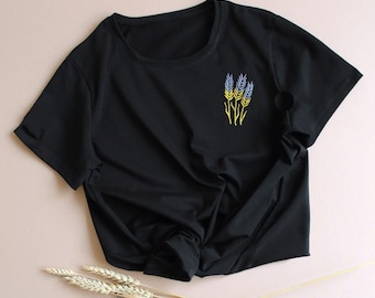 Blue and Yellow Wheat ears t-shirt woman, Ukrainian patriotic woman tshirt with wheat ears, Vyshyvanka blouse wheat tshirt woman
