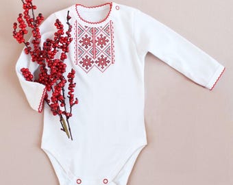 baby onesie Ukrainian Vyshyvanka, red embroidered bodysuit long short sleeve, Embroydery Ukraine ornament, Christmas style baby clothes