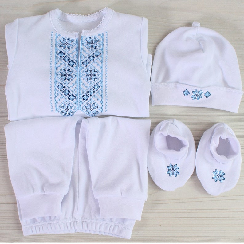 Newborn boy outfit, Ukrainian Vyshyvanka newborn set, Ukrainian baby boy outfit, baptism baby boy embroidered shirt white and blue, coming home outfit, made in Ukraine