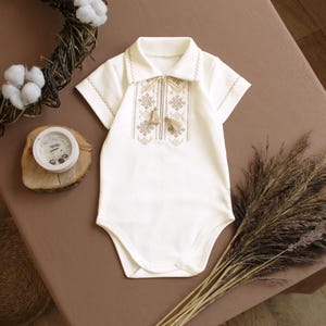 Cream shirt Ukrainian Vyshyvanka babyboy onesie embroidered, long sleeve bodysuit embroydery Ukraine Easter sorochka baby Christening onesie short sleeve