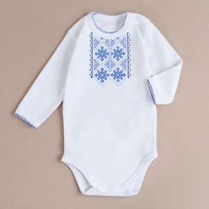 baby onesie Ukrainian Vyshyvanka, baby boy onesie embroidered, unisex onesie long sleeve blue and yellow embroydery, made in Ukraine