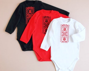 Vyshivanka Trident onesie Ukrainian embroidered bodysuit long sleeve, Easter onesie Vyshyvanka, Holiday apparel baby