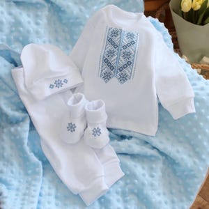 Newborn boy outfit, Ukrainian Vyshyvanka outfit, baptism baby boy embroidered shirt white and blue, coming home outfit, made in Ukraine