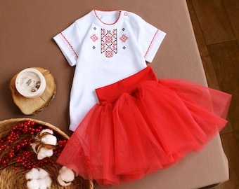 Ukrainian Vyshyvanka bodysuit with red tutu skirt, baby girl onesie red black embroidered, Christmas outfit, baby photoprop, holiday apparel