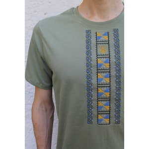 Ukraine embroidered t-shirt man, Tryzub vyshyvanka man, khaki t-shirt Ukraine embroidery cross stitches blue yellow, Trident vyshyvanka men
