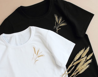 Wheat ears t-shirt woman, Ukrainian embroidered tshirt with wheat ears, Vyshyvanka gold wheat tshirt woman
