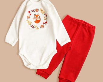 Fox onesie baby with red pants skirt, Fox embroidered bodysuit long sleeve, First Fall photoshoot unisex clothes Baby shower fall style gift
