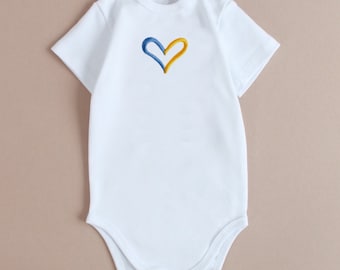 baby onesie Ukraine heart, unisex onesie with embroidered heart, short long sleeve white bodysuit embroydery Ukraine blue and yellow heart