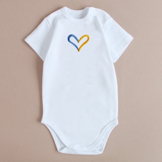 baby onesie Ukraine heart, unisex onesie with embroidered heart, short long sleeve white bodysuit embroydery Ukraine blue and yellow heart