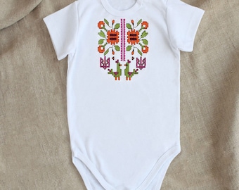 Chernobrivtsy Vyshyvanka Strampelanzug, Ukrainischer Babybody gestickte Blumen, Babyshower Ukraine Geschenk, Kurz- oder Langarmbody Vyshyvanka