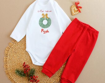 My First Christmas onesie, Embroidered Christmas wreath bodysuit long sleeve, Ukraine X-mas photoshoot, Holiday apparel, Ukrainian baby gift