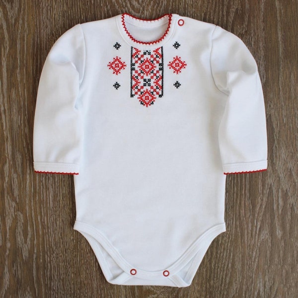 Ukrainian Vyshyvanka baby onesie, baby girl onesie red and black embroidered, Ukraine Easter onesie long sleeve