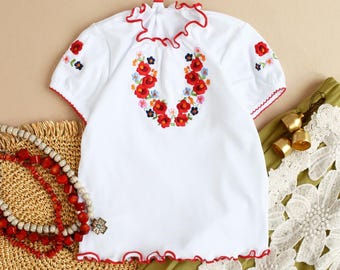 Girls white t-shirt with embroidered floral wreath, Ukrainian style kids clothes, Flower crown embroidery tee, Ethnic toddler blouse gift