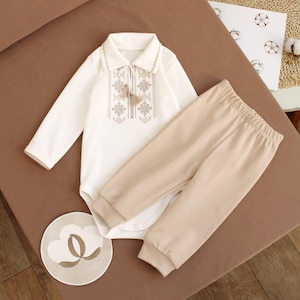 Ukrainian Vyshyvanka onesie, baby boy shirt onesie embroidered, baptism onesie cream shirt, long sleeve bodysuit embroyidery Ukraine, Easter sorochka, Christmas shirt baby Vyshyvanka beige embroidery, folk ornament clothes baby