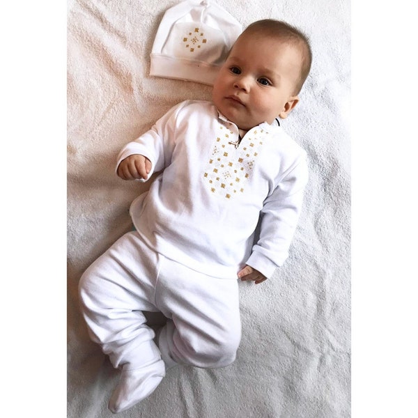 Boy baptism outfit, Ukrainian Vyshyvanka baby boy outfit, baptism baby boy embroidered shirt white and gold royalcore clothing