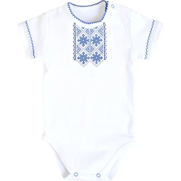 baby onesie Ukrainian Vyshyvanka,  unisex embroidered onesie short sleeve, blue embroydery Ukraine ornament