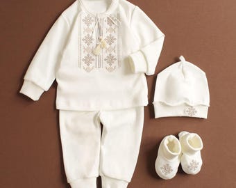 Traje de bautizo para niño color crema, traje ucraniano Vyshyvanka para niño, camisa bordada para bautizo de niño, traje para sesión de fotos de Pascua, regalo para baby shower