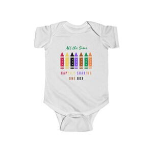 Happily sharing one box onesie, all the same romper, racism awareness baby clothes, equality, kindness bodybuit, inspirational shirts