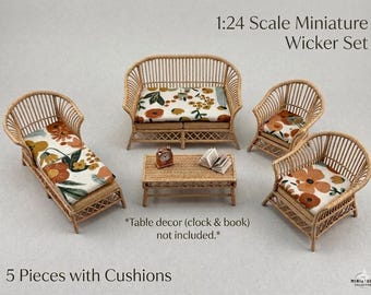 1:24 SCALE - Miniature furniture - living room/patio 5 piece set - cushions included - wicker inspired - diorama. Choose your fabric pattern