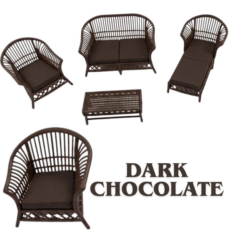 May include: A miniature furniture set in dark brown featuring a sofa, two armchairs, a chaise lounge, and a rectangular coffee table, all with slatted backs and dark brown cushions. The text DARK CHOCOLATE is printed in black on the right side.