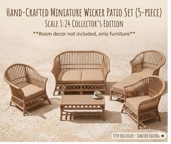 1:24 SCALE - Miniature furniture - mini living room/patio 5 piece set- wicker inspired - diorama miniature room box
