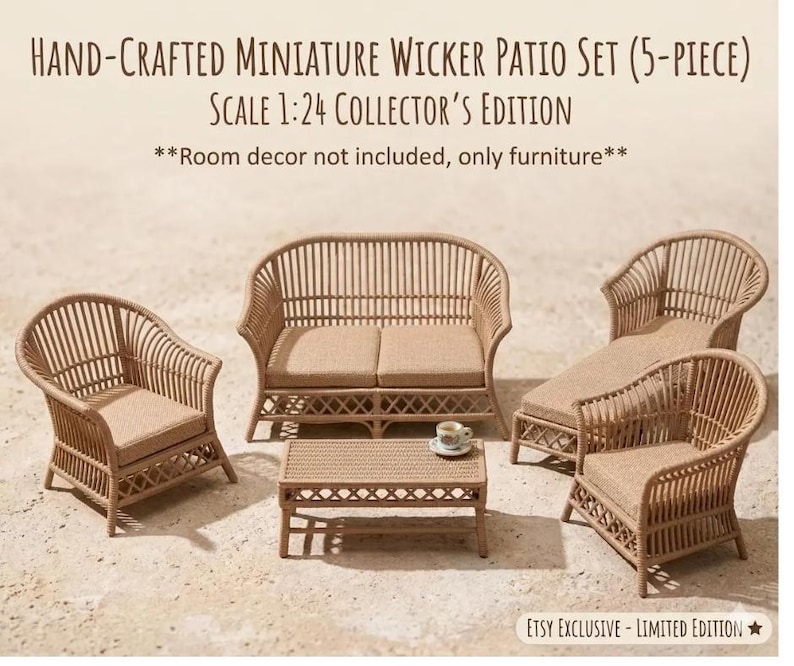 May include: A 5-piece miniature wicker patio set in 1:24 scale, featuring a sofa, two chairs, a chaise lounge, and a rectangular coffee table with a small cup. The text reads: Hand-Crafted Miniature Wicker Patio Set (5-piece) Scale 1:24 Collector's Edition.