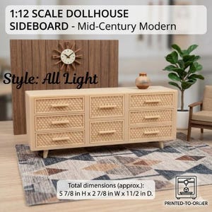 Pode incluir: Um aparador de casa de bonecas em escala 1:12 em estilo Mid-Century Modern. O armário de cor clara tem seis gavetas com um padrão tecido. As dimensões aproximadas são 14,9 cm de altura, 7,3 cm de largura e 29,2 cm de profundidade. O estilo é "All Light".