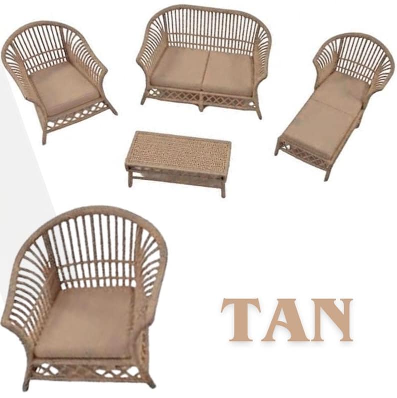 May include: A miniature furniture set featuring a tan wicker-style sofa, two armchairs, a chaise lounge, and a rectangular coffee table. Each piece includes a tan cushion. The word TAN is printed in large, bold, light brown capital letters.
