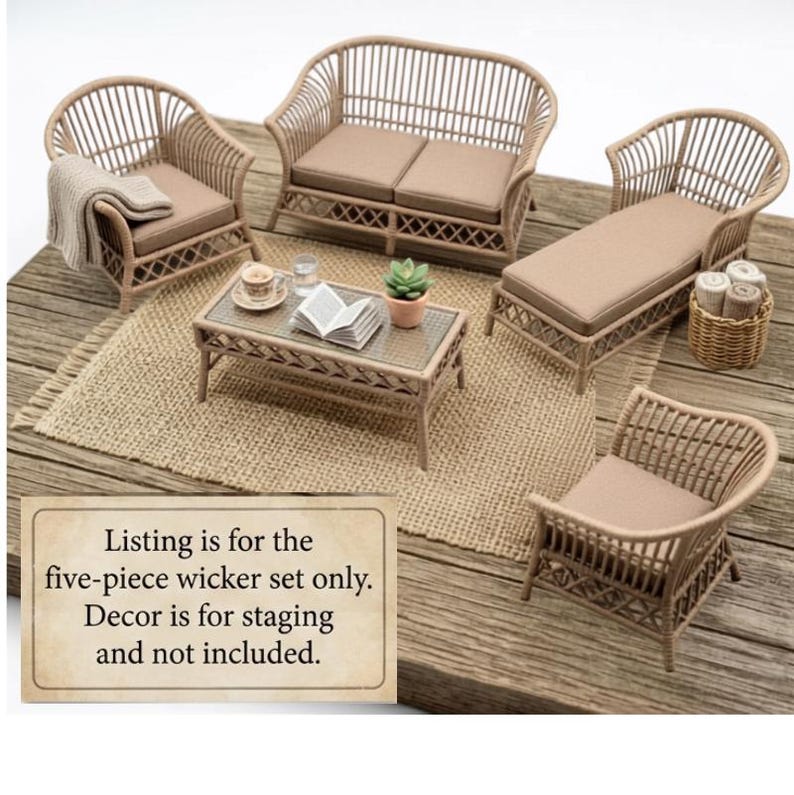 May include: A five-piece miniature wicker furniture set featuring a loveseat, two armchairs, a chaise lounge, and a rectangular coffee table with a glass top. Each piece has a light brown finish and beige cushions. The text reads: Listing is for the five-piece wicker set only. Decor is for staging and not included.